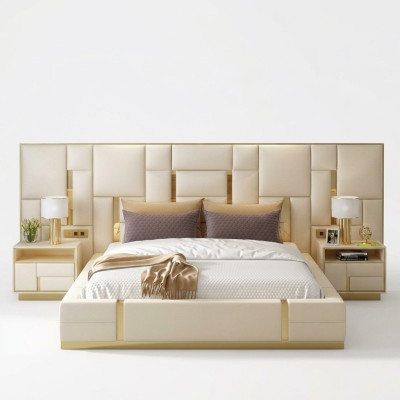 Diseño de lujo de cama acolchada de madera doble para hotel matrimonial.