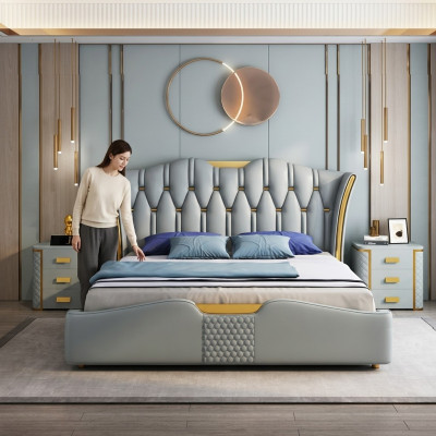 Diseño de cama doble con cabecero verde para hotel de 180x200 cm.