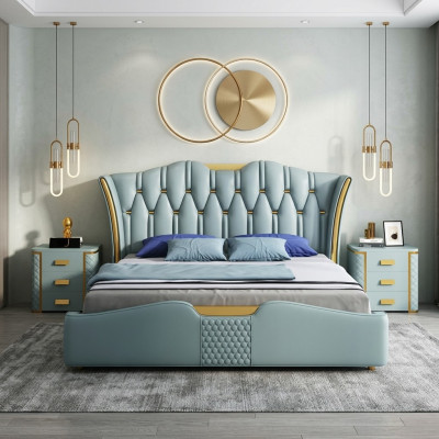 Diseño de cama doble con cabecero verde para hotel de 180x200 cm.