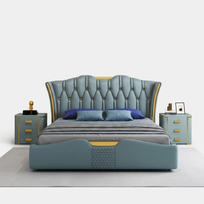 Diseño de cama doble con cabecero verde para hotel de 180x200 cm.
