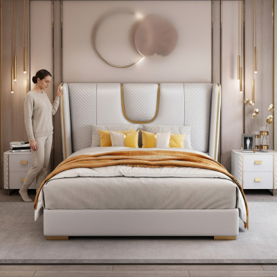 Dormitorio de lujo con cama doble de cuero y metal de 150/180x200 cm.