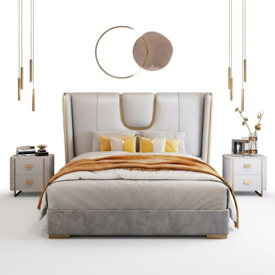 Dormitorio de lujo con cama doble de cuero y metal de 150/180x200 cm.