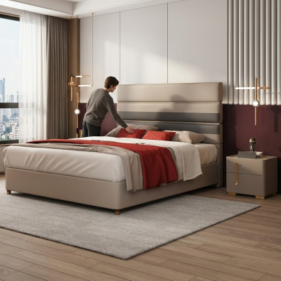 Cuero Acolchado Cama Camas Hotel Lujo Diseñador Doble Matrimonial Dormitorio Beige