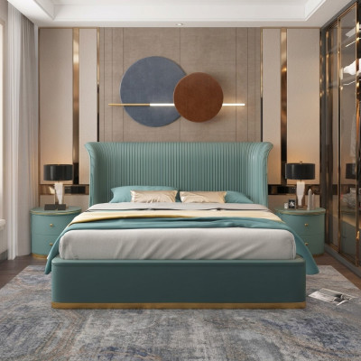 Lujo dormitorio cama cama doble textil madera cuero camas 180x200 Nuevo