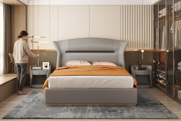 Diseño de cama de cuero gris muebles de dormitorio cama doble lujo hotel