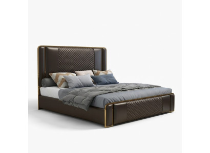 Cama de diseñador de lujo para el dormitorio tapizada en terciopelo. Muebles y camas de tela.