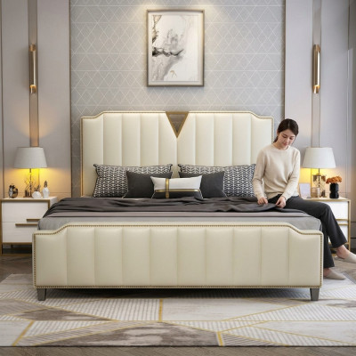 Cama de diseñador 180x200 de cuero de hotel de metal, decoración de camas dobles dormitorio.