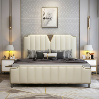 Cama de diseñador 180x200 de cuero de hotel de metal, decoración de camas dobles dormitorio.