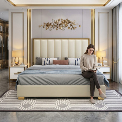 Cama camas madera cuero tapizado matrimonio diseño cuero hotel caja de resortes muebles