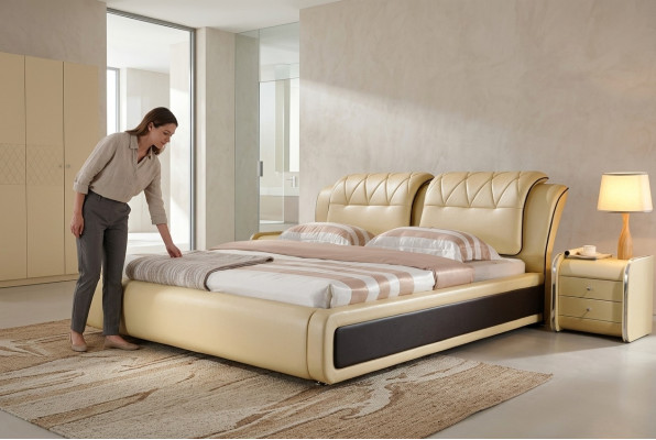 Lujo dormitorio cama acolchado diseño doble camas de hotel cama de cuero