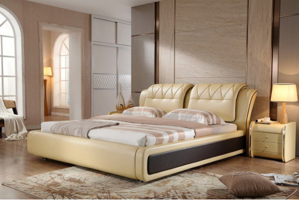Lujo dormitorio cama acolchado diseño doble camas de hotel cama de cuero