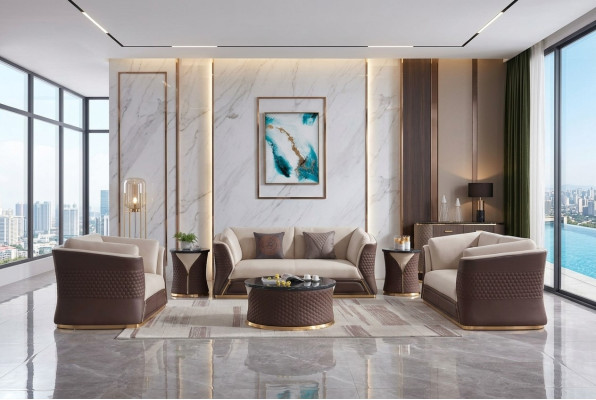 Sofá de cuero de 3+2+1 plazas conjunto de sofás decoración de sofá paisaje de vida en el salón