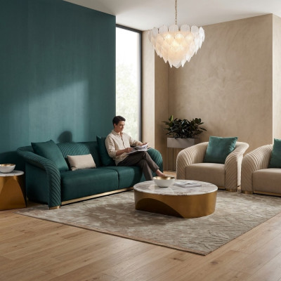 Diseño acolchado Sofá de lujo, sofá de tela 3 plazas de imitación de cuero.