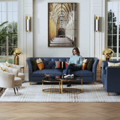 Moderno juego de sofás Chesterfield de 3 + 2 plazas Elegantes sofás de estilo Living de cuero.