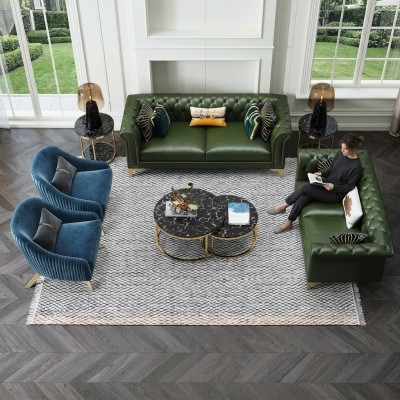Conjunto de sofás Chesterfield verde oscuro de 3 plazas + 2 plazas. Sofás de estilo moderno tapizados para salón.