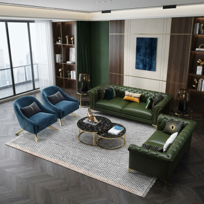 Conjunto de sofás Chesterfield verde oscuro de 3 plazas + 2 plazas. Sofás de estilo moderno tapizados para salón.