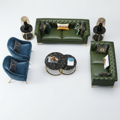 Conjunto de sofás Chesterfield verde oscuro de 3 plazas + 2 plazas. Sofás de estilo moderno tapizados para salón.