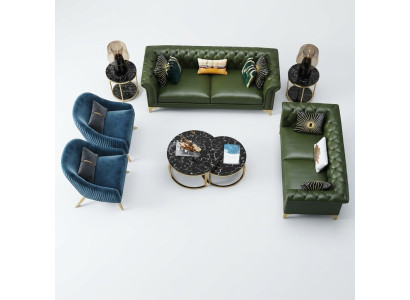 Conjunto de sofás Chesterfield verde oscuro de 3 plazas + 2 plazas. Sofás de estilo moderno tapizados para salón.
