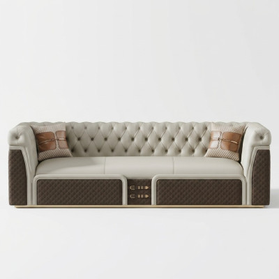 Sofá de tres plazas estilo moderno Chesterfield de cuero.