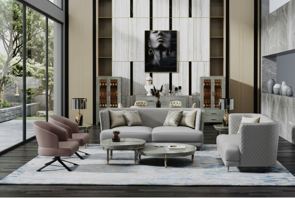 Sofá gris de 3+2 plazas. Conjunto de sofás tapizados modernos para la sala de estar.