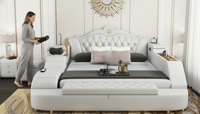 Cama de lujo cama de cuero 180x200 dormitorio multifunción literas estantes nuevos