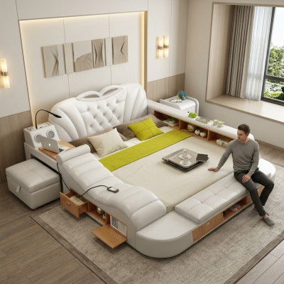 Doble hotel de diseño de lujo con cama de cuero, camas modernas y multifuncionales.