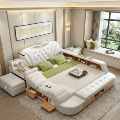 Doble hotel de diseño de lujo con cama de cuero, camas modernas y multifuncionales.