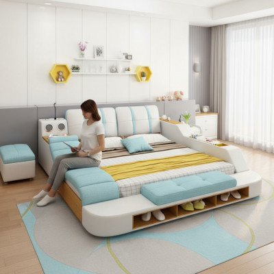Doble diseño de cama tapizada de cuero moderna de 180x200 cm.