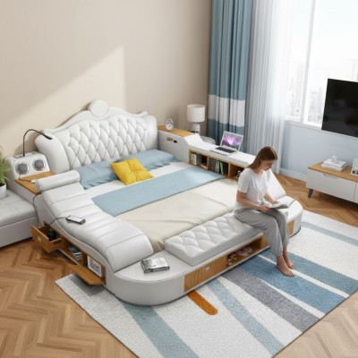 Doble cama de diseño de lujo, camas tapizadas 180x200 multifunción cuero Chesterfield.