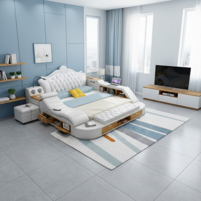 Doble cama de diseño de lujo, camas tapizadas 180x200 multifunción cuero Chesterfield.