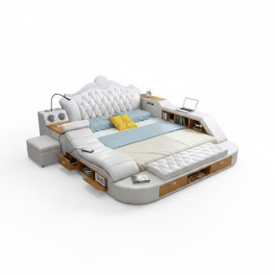 Doble cama de diseño de lujo, camas tapizadas 180x200 multifunción cuero Chesterfield.