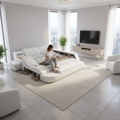 Cama de agua acolchada de lujo multifuncional para dos personas 180x200 con radio USB y música.
