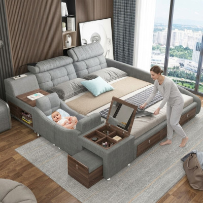 Cama de cuero Cama Camas Tapizadas Doble Multifunción 180x200 Estructura de cama de cuero Diseño