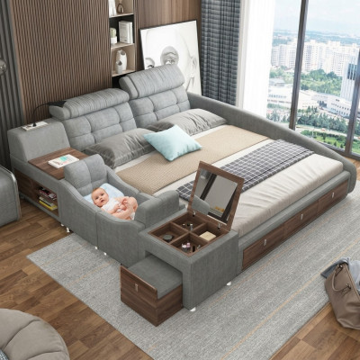 Cama de cuero Cama Camas Tapizadas Doble Multifunción 180x200 Estructura de cama de cuero Diseño