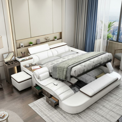 Cama multifuncional con altavoces Bluetooth, diseño de lujo, camas de cuero.