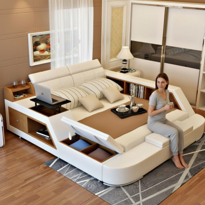 Doble cama de lujo de diseño en cuero, camas tapizadas modernas de hotel.
