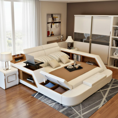 Doble cama de lujo de diseño en cuero, camas tapizadas modernas de hotel.