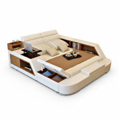 Doble cama de lujo de diseño en cuero, camas tapizadas modernas de hotel.