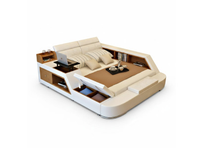 Doble cama de lujo de diseño en cuero, camas tapizadas modernas de hotel.