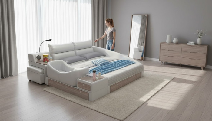 Cama multifunción con estante, armario, estación de carga USB y cama doble de cuero.