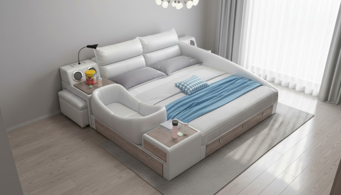 Cama multifunción con estante, armario, estación de carga USB y cama doble de cuero.