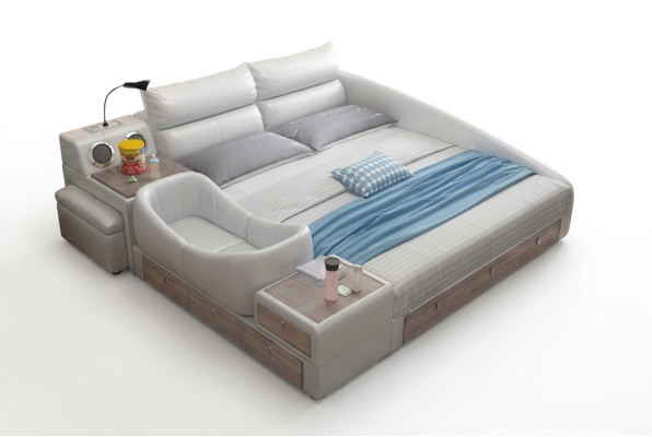 Cama multifunción con estante, armario, estación de carga USB y cama doble de cuero.