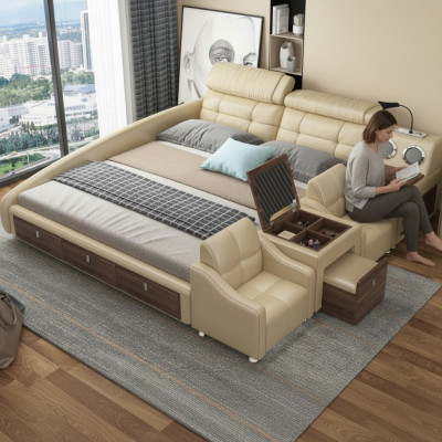 Cama de cuero Cama acolchada Doble Multifunción 180x200 Estructura de cama de cuero Diseño