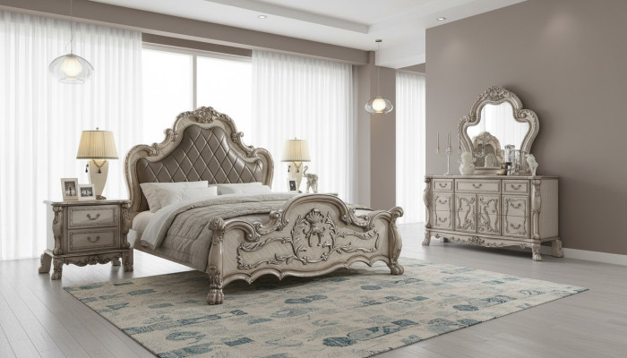 Cama barroca 2x mesita de noche conjunto de dormitorio de 3 piezas. Diseño de dormitorio de lujo.