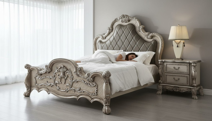 Cama doble de lujo barroco plateado diseño madera 200x200cm tapizado dormitorio nuevo