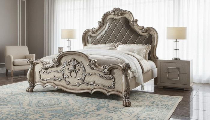 Cama doble de lujo barroco plateado diseño madera 200x200cm tapizado dormitorio nuevo