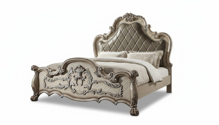 Cama doble de lujo barroco plateado diseño madera 200x200cm tapizado dormitorio nuevo
