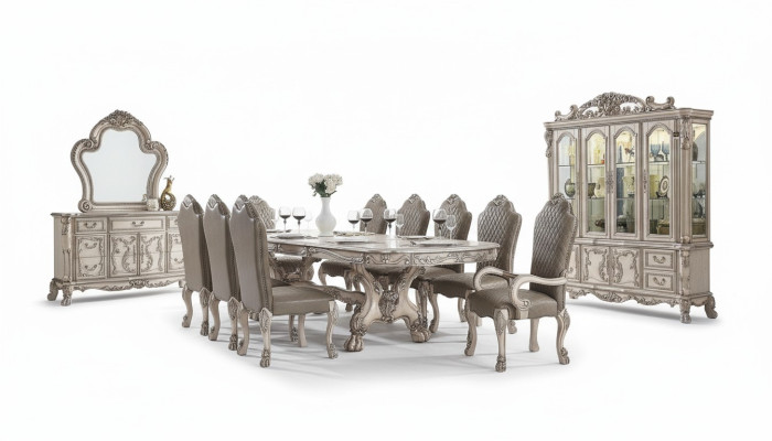 Comedor completo, mesa, aparador, conjunto de 10 sillas, vitrina, estilo barroco de 14 piezas.