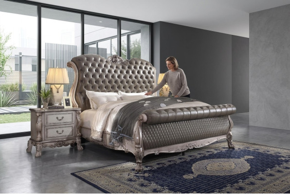 Diseño de muebles de lujo barroco, mesita de noche, conjunto de dormitorio de 3 piezas con cama de 180x200.
