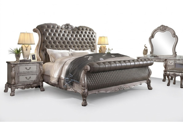 Diseño de muebles de lujo barroco, mesita de noche, conjunto de dormitorio de 3 piezas con cama de 180x200.
